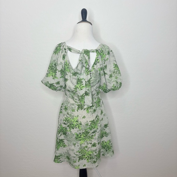 WLZD V-Neck Puff Sleeve A-Line Mini Dress Green Floral Size 4 - Picture 9 of 11